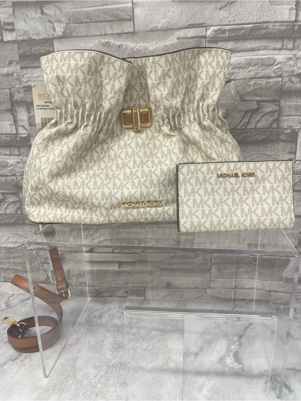 Michael Kors Large Ruched Clutch Chain Crossbody & Matching Wallet Vanilla Logo